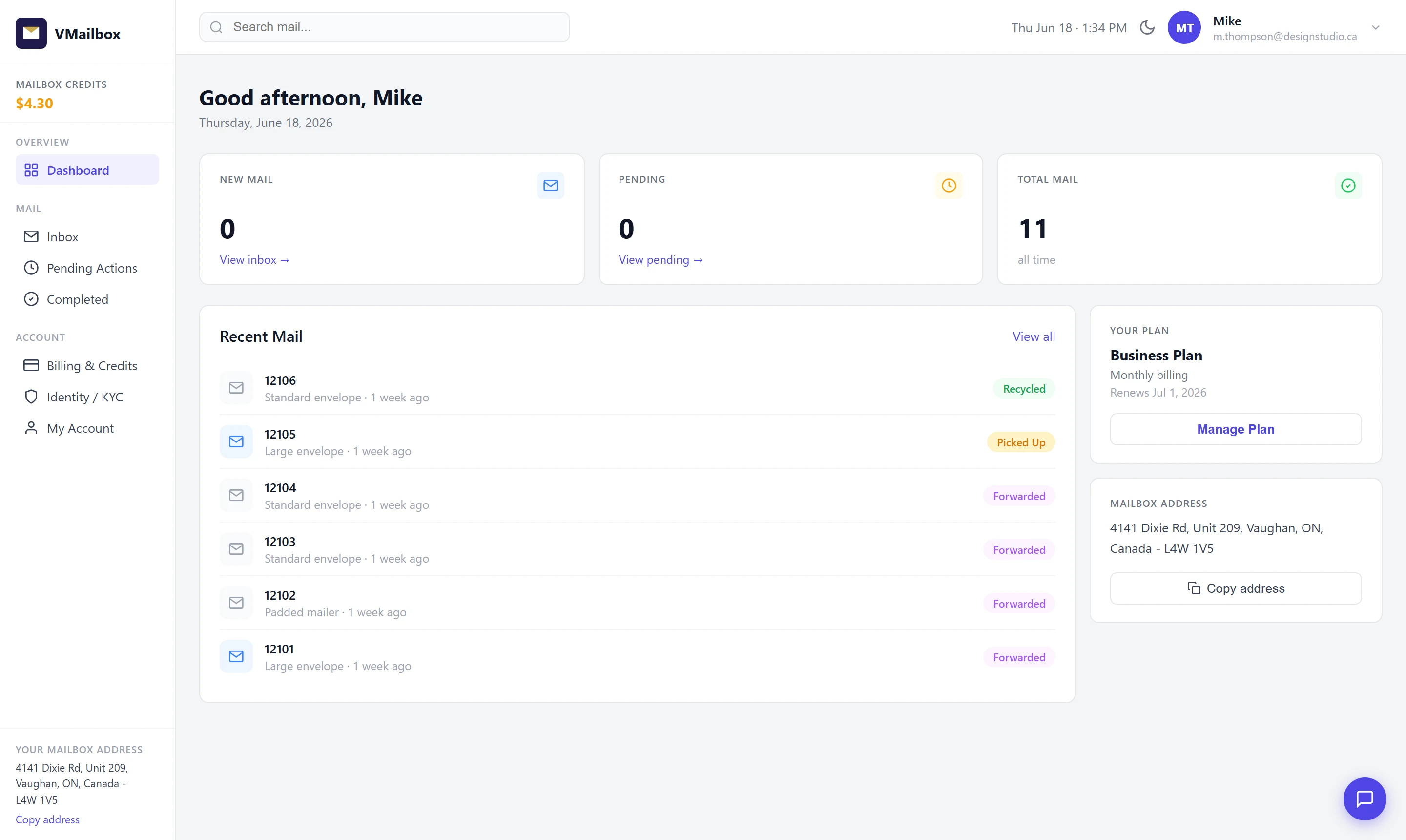 V Mailbox dashboard — manage your Canadian virtual mailbox online from anywhere